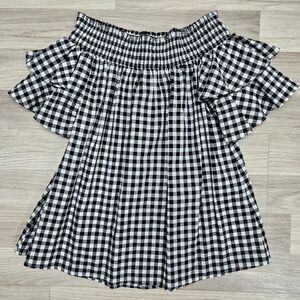 She & Sky Womens Black Gingham Blouse Size Medium Ruffle Sleeve Smocked Neckline